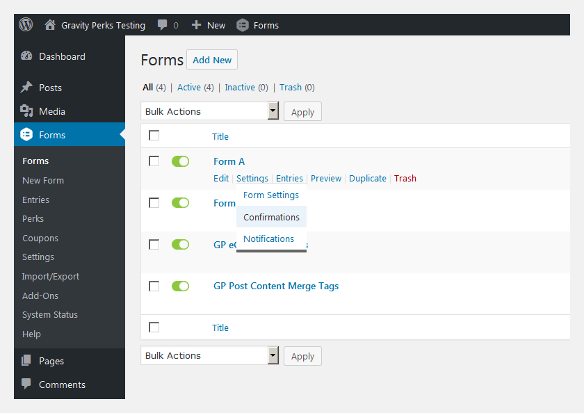 Form Confirmation Settings